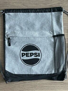 New PEPSI Logo Gray Black Drawstring Reusable Bag Tote Backpack NWOT Cinch Sack